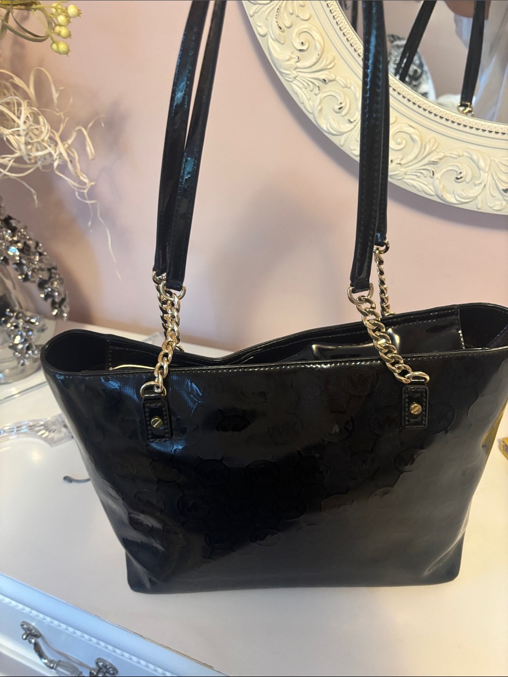 Michael Kors Black Patent Shoulder Tote with Gold Chain Straps